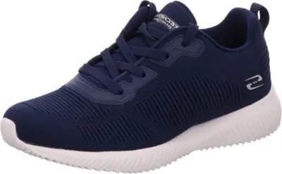 A single blue Skechers Bobs Squad training shoe with a white sole is shown against a white background.