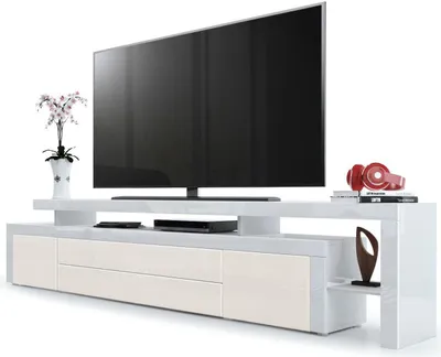 Produktbild von Vladon TV Board Lowboard Leon V3,  Germany, Korpus und Überbau in Weiß Hochglanz / Front in Creme Hochglanz mit Rahmen in Weiß Hochglanz (227 x 52 x 35 cm)