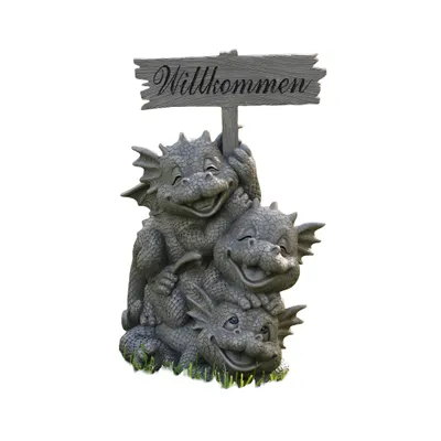 Produktbild von Gartendrachenfamilie mit Willkommen Schild - Gartenfigur, Drache, Familie