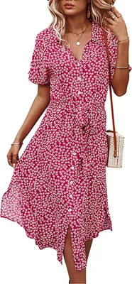 Produktbild von ASKSA Damen Blumen Sommerkleid Polka Dots Lose Kleid Freizeitkleid, Rot, XL