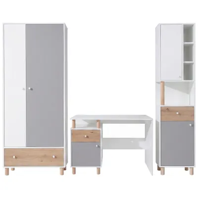 Produktbild von Jugendzimmermöbel Set FIGO – 3-teilig – Drehtürenschrank, Schreibtisch und Bücherregal – Weiß / Eiche Artisan / Grau, KI-generiertes Bild