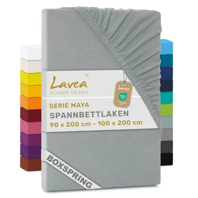 Produktbild von Lavea® Spannbettlaken 90-100x200 cm - Boxspringbett, Jersey, 40 cm Steghöhe, 100% Baumwolle, weich, atmungsaktiv, pflegeleicht, formstabil - Silber