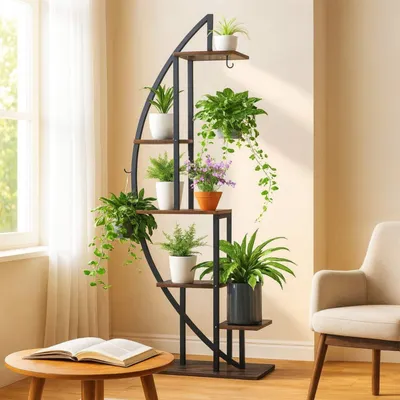 Productafbeelding van DanDiBo bloemenrek voor binnen, 160 cm hoog, metalen, zwart, halfrond, model 96645. Grote, ronde plantenstandaard, modern design