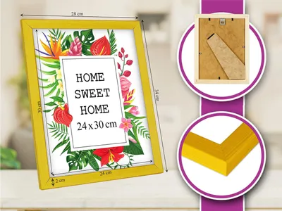 Obrázek produktu pro Rám na fotky MG Design, žlutý, rozměr 24 x 30 cm – vyrobený z pravého dřeva s akrylovým sklem, vhodný k zavěšení i k postavení, pro fotografie, plakáty a puzzle