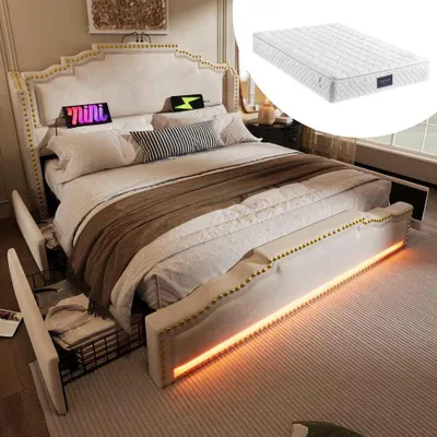 Produktbild von Beiges Samt-Polsterbett mit LED, USB-C-Anschluss und 4 Schubladen, ideal als Stauraum- und Jugendbett mit Lattenrost, ohne Matratze, 140×200 cm