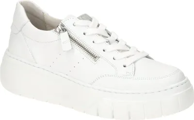 A white leather sneaker with a platform sole and a side zipper.