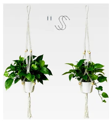 Produktbild von 2er Set hängende Blumenampeln für Innenräume, Makramee Pflanzenhänger mit Quaste, 2 S-Haken & 2 Deckenhaken. Handgefertigte Blumenampel aus Baumwolle für Zimmerdekoration (ohne Topf)