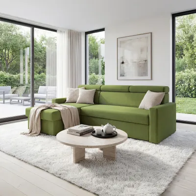 Produktbild von Ecksofa Vega L mit Schlaffunktion Zero-Wall Funktion Samtsofa 224 cm Grün