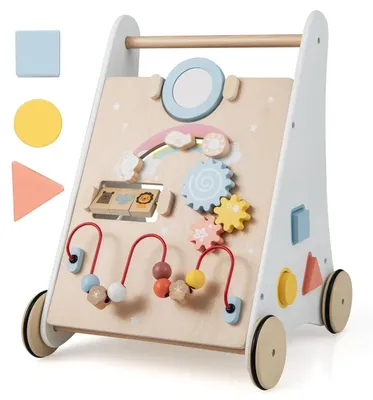 Zdjęcie produktu dla Drewniany chodzik dla niemowląt – chodzik wielofunkcyjny 7 w 1 – tablica z zabawkami – lusterko – klocki – wózek z schowkiem – pomoc w nauce chodzenia – biały