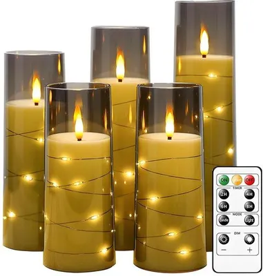 Image de Lot de 5 bougies électriques effet verre, grises, avec télécommande, minuterie et guirlande lumineuse