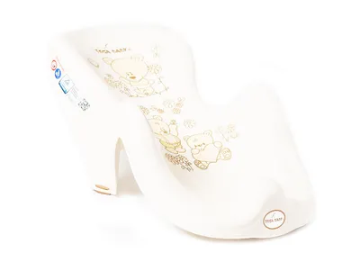 A baby bath seat with teddy bear graphics, isolated on a white background.