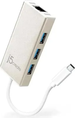 A j5create USB-C hub with Ethernet and USB ports.