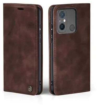 A brown leather flip case for a smartphone is shown from two angles.