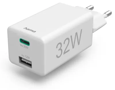 Produktbild von Hama Schnellladegerät 1x USB-C, 1x USB-A, Mini-Ladegerät, PD, 32 W, Weiß