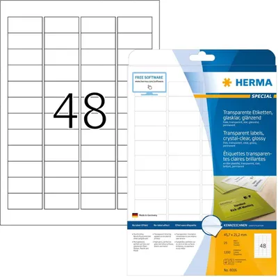 Immagine prodotto di HERMA, etichette trasparenti, adesive, formato A4, 45,7 x 21,2 mm, lucide