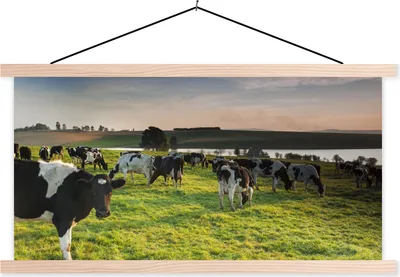 Produktbild von MuchoWow® Textilposter Kuh - Gras - Sonnenuntergang 60x30 cm mit holzfarbenen Rahmen - Dekoration