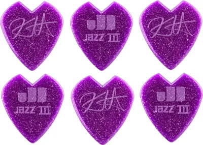 Six purple heart-shaped guitar picks arranged in two rows of three.