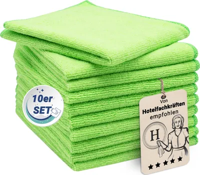 A stack of green microfiber cloths.