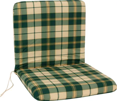 A chair cushion with a plaid pattern.