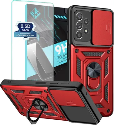 A product shot of a red and black phone case with a screen protector.