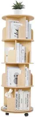Obrázek produktu pro Uniqoos® Otočná knihovna se 4 policemi, s 4 aretovatelnými kolečky, materiál: MDF, rozměry: 130 × 46 cm, otočná o 360°, s otočným mechanismem z nerezové oceli, kapacita: 70–100 knih