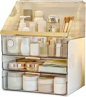 Immagine prodotto di Organizzatore per trucchi con 3 scomparti – Contenitore per cosmetici con 2 cassetti