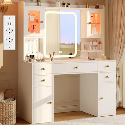 Immagine prodotto di Comò da trucco con illuminazione e specchio, vetrine in vetro RGB, presa di corrente, colore bianco, dimensioni 105x40x151,5 cm