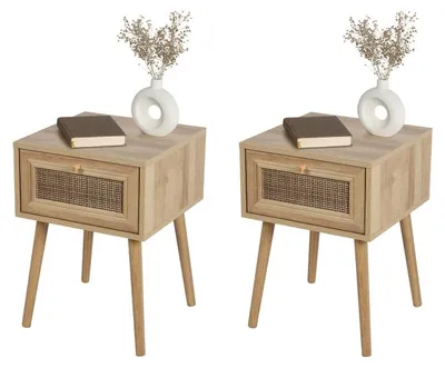 Image de Lot de 2 Tables de Chevet 1 Tiroir en Bois - 39 x 39 x H 55 cm - Design Naturel