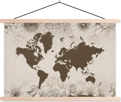 Produktbild von MuchoWow® Textilposter Weltkarte - Vintage - Blumen 60x40 cm mit holzfarbenen Rahmen - Bilder