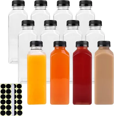 Productafbeelding van Plastic sapflessen van 500 ml met doppen - Set van 12 - Herbruikbare containers met zwart deksel - Zelfgemaakte drankjes (1 pen - 24 etiketten)