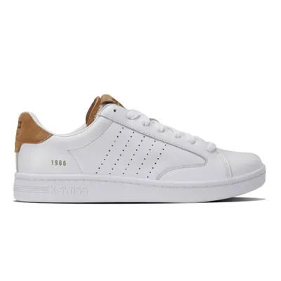 A white K-Swiss sneaker with brown accents, shown from the side against a white background.