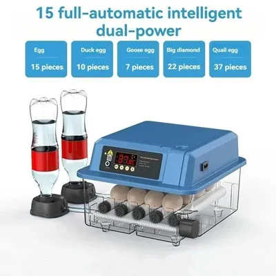 Obrázok produktu pre Automatický inkubátor na 15 vajec – Mini inkubátor – Plne automatický – Inteligentná regulácia teploty – Automatické otáčanie vajec – Automatické dopĺňanie vody – Dvojité napájanie – Vhodný pre domáce účely a chov hydiny