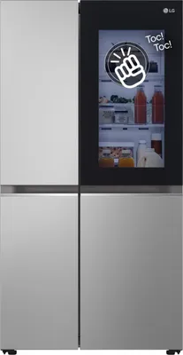 A front view of a silver LG InstaView refrigerator with a black glass door that has a touchscreen interface.