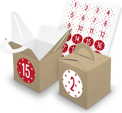 Produktbild von itenga SET V43 Adventskalender Würfelbox mit Griff Braun + Zahlensticker Z39