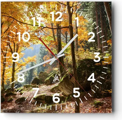 Produktbild von Wanduhr - Quadrat - Glasuhr - Herbst berg wald natur - 40x40cm - Schleichendes Uhrwerk - Lautlos - zum Aufhängen bereit - Dekoration Modern - Wanddekoration aus Glas - C4AC40x40-2713