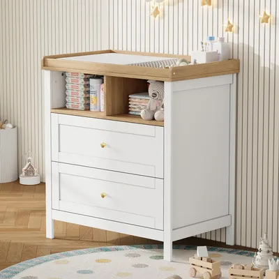 Immagine prodotto di Comodino fasciatoio Merax, fasciatoio multifunzionale con piano fasciatoio, trasformabile, con 2 cassetti e vano portaoggetti, 82x50x90 cm, bianco