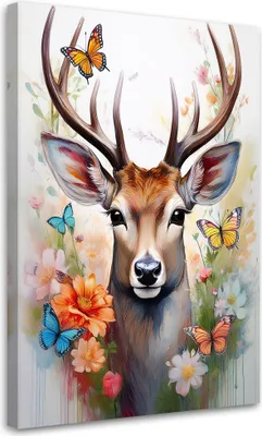 Produktbild von Leinwandbild Hirsche Blumen Tiere Natur 80x120 Feeby Braun bild für die wand bereit zum aufhängen