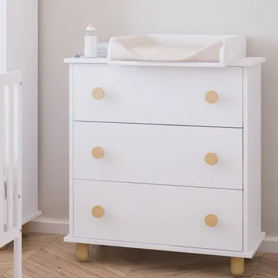 Produktbild von ZEE LUMI Weiß 83x93x48 cm Wickelkommode mit 3 Schubladen Abnehmbarer Wickelaufsatz Holzdetails Skandinavisches Design Babyzimmer Kommode