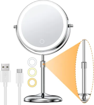 Produktbild von Wiederaufladbar Kosmetikspiegel mit Licht, 1X/10X Vergrößerung, 3 Farben Dimmable & Höhenverstellbar 7" Schminkspiegel, 360°Schwenkbar Doppelseitiger LED Make-up Spiegel, Chrom
