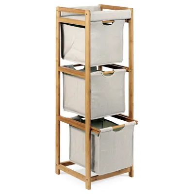 Zdjęcie produktu dla AUTRONIC, s.r.o. - Półka, 3 szuflady / pudełka, lity bambus, naturalny odcień, szara tkanina, nośność 9 kg, DR-012-3