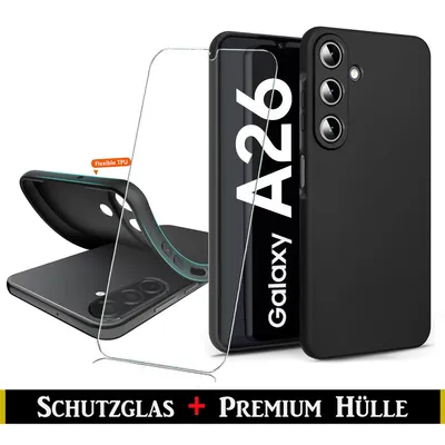 A black phone case and screen protector are displayed next to a smartphone.
