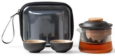 Reise-Teeset Porzellan schwarz, 1 Kanne 200 ml, 2 Tassen 40 ml, mit Infuser