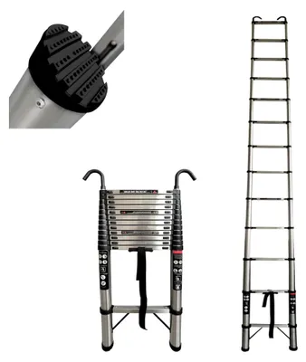 Produktbild von Teleskopleiter 5m aus Edelstahl mit 2 Haken, ausziehbare Leiter, rutschfeste Aluleiter, Mehrzweckleiter, Teleskopleiter mit 150 kg Tragfähigkeit