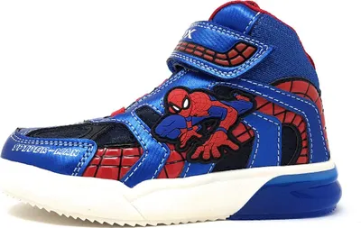 A close-up side view of a child's high-top sneaker with a Spiderman design.