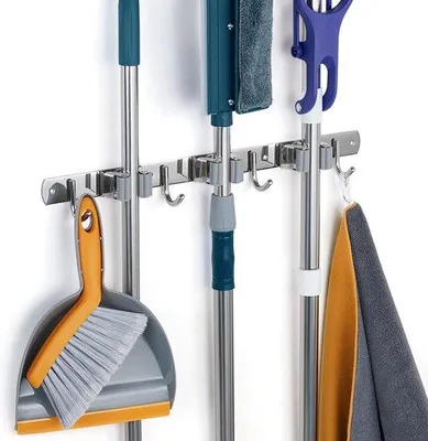 Produktbild von Famanu Halter für Besen Wandmontage - Edelstahl, 3 Halterungen und 4 Haken