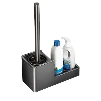 Produktbild von Toilettenbürste mit Halter, selbstklebend, Aluminium, rostfrei, abnehmbar, hygienisch, Belüftungsdesign, Grau