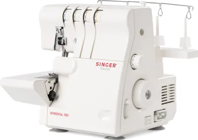 A white Singer serger sewing machine is shown from a three-quarter front angle against a white background.