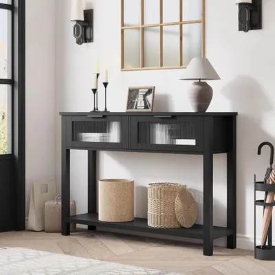 Image de Table console - Table d'appoint élancée à deux niveaux pour le couloir ou le canapé - Compartiment de rangement ouvert - Rectangulaire - Bois - Noir