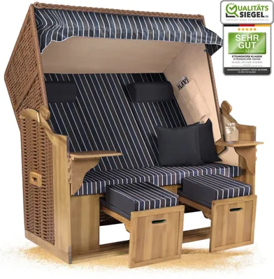 Produktbild von Strandkorb Ostsee 2,5-Sitzer 150cm breit in Anthrazit Blau Braun Weiß Gestreift Zerlegt ideal für Balkon, Terrasse oder Garten