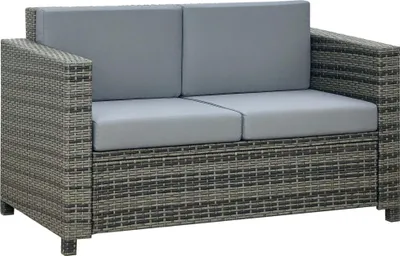 Produktbild von Poly-Rattan Sofa mit Kissen 2-Sitzer Garten Loungesofa Metall Polyester Grau 130 x 70 x 80 cm